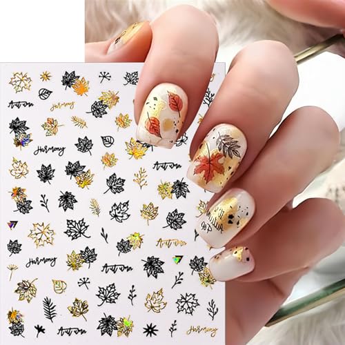 Black Gold Fall Maple Leaf Nail Stickers - 8 Sheets Self-Adhesive Autumn Decals