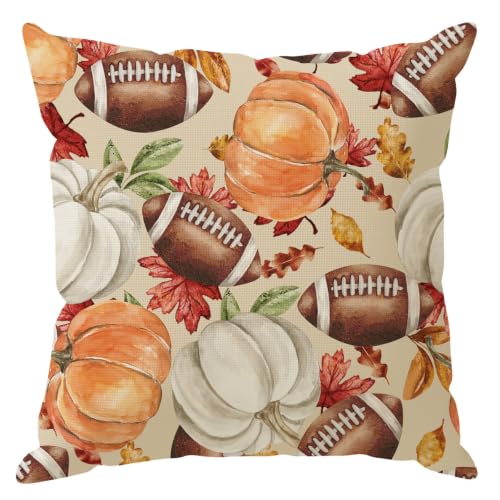 Fall Football Pumpkin Throw Pillow Cover, 18x18 Inch Decorative Burlap Case