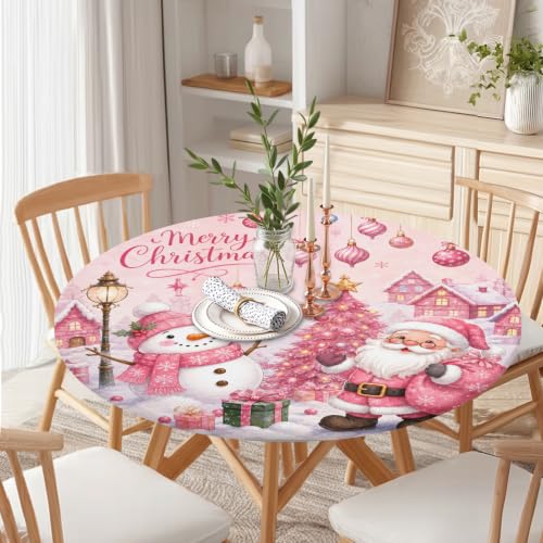 Pink Christmas Round Fitted Tablecloth with Elastic for 40-44 inch Tables - Winter Snowman Design