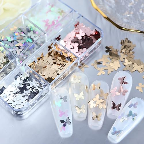 6-Grid Holographic Butterfly Nail Glitter Sequins for Acrylic Nail Art