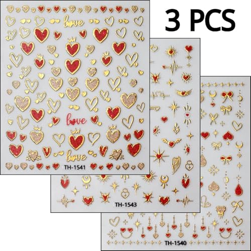 Valentine Heart Nail Art Stickers 3D Self Adhesive Love Decals (3 Sheets)