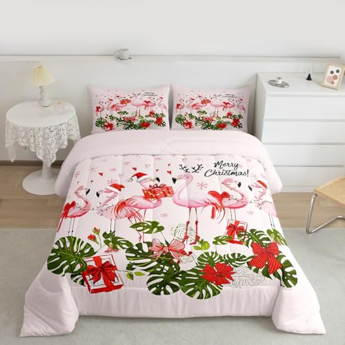 King Comforter Set Pink Flamingo Cartoon Bird All Season Bedding with Microfiber Polyester