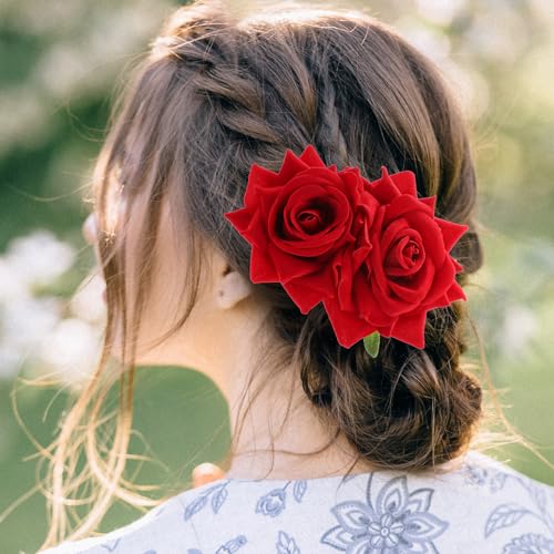 Qianyu Red Rose Flower Hair Comb Velvet Floral Hairpin Wedding Headpiece