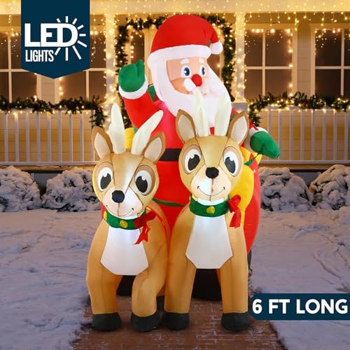 6 FT Inflatable Santa Sleigh with Reindeer Christmas Yard Decor with LED Lights