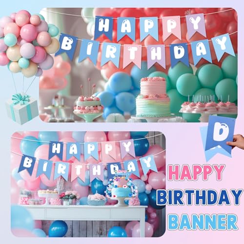 Cute Cartoon Blue Pink Happy Birthday Banner for Kids Party