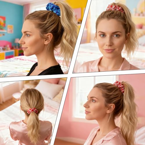 Satin Silk Hair Scrunchies 12-Pack Red and Blue Elastic Hair Ties