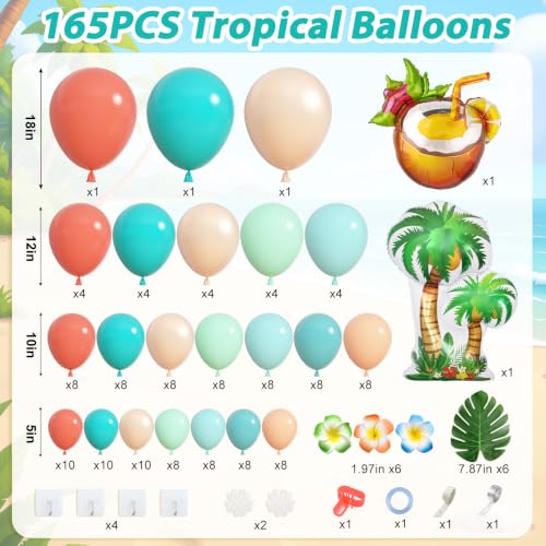 Amandir 165Pcs Tropical Balloon Arch Kit with Palm Leaves - Aqua Blue