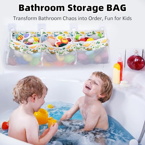 Dinosaur Bath Toy Organizer - 3 Compartment Storage with Hooks