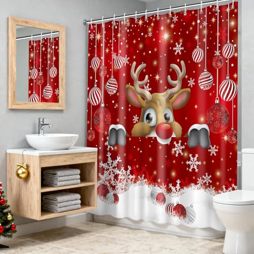 OTOSTAR Christmas Shower Curtain 72" Red Deer Design with Hooks
