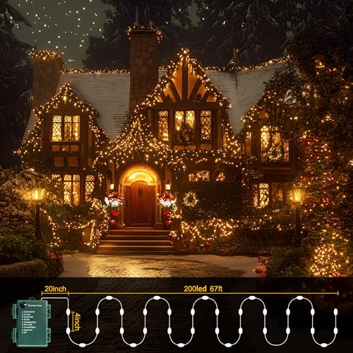 200 LED Battery Operated Christmas String Lights 8 Modes Warm White - Green Wire - 2 Pack