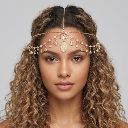 Egyptian Gold Headpiece with Shells & Rhinestones Festival Head Chain