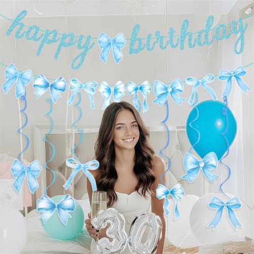 Blue Bow Birthday Party Decoration Set with Banner and Hanging Swirls