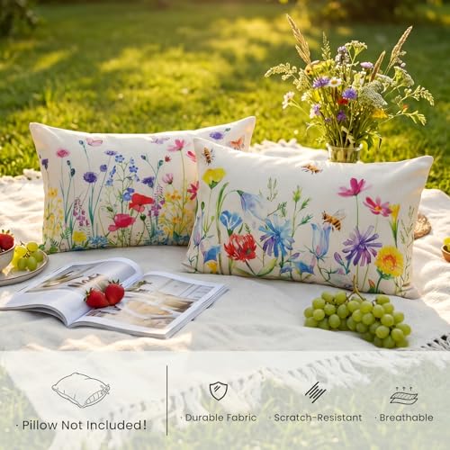 Spring Floral Lumbar Pillow Covers 12x20 - Set of 2 for Outdoor Decor