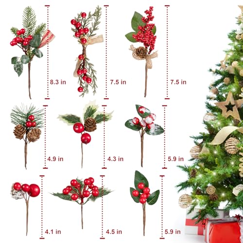 Artificial Christmas Berry Picks Set - 15 Assorted Red Berries Pinecones & Foliage, 5-10 Inches, Holiday Floral Decorations with Variation 5.9in-9in