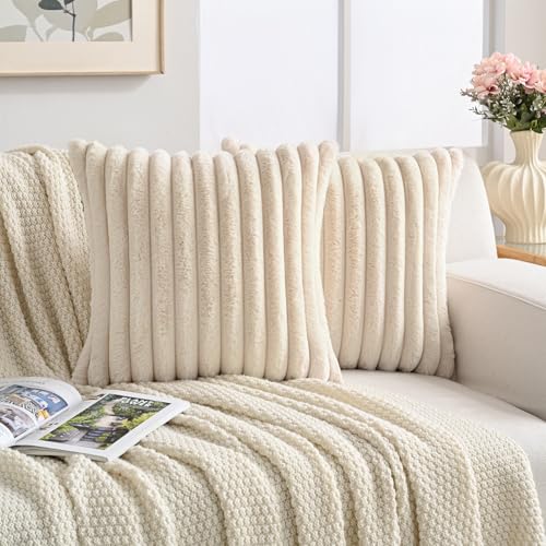 Volcanics Set of 2 Beige Faux Fur Throw Pillow Covers 18x18