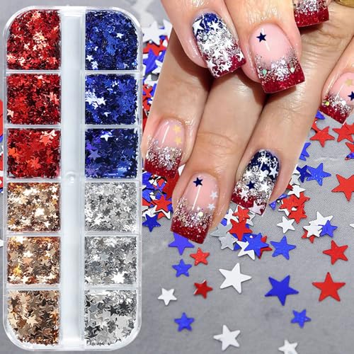 Independence Day Star Nail Glitter Kit - 12-Grid Holographic Pentagram Sequins