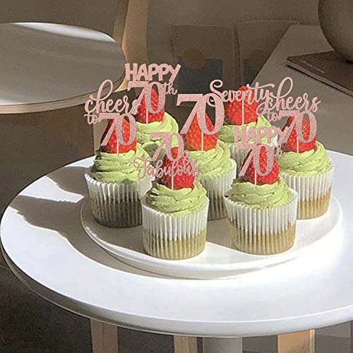 70th Birthday Rose Gold Glitter Cupcake Toppers 30 Pack