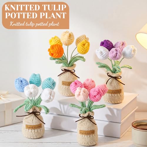 Crochet Tulip Bouquet Set - 4 Handmade Spring Flower Arrangements with Vase - 7 Inch
