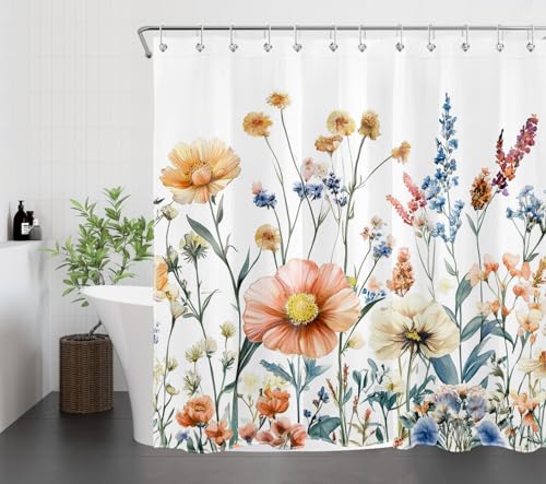 Vintage Wildflower Shower Curtain - Blue & Orange, 72x72 inch