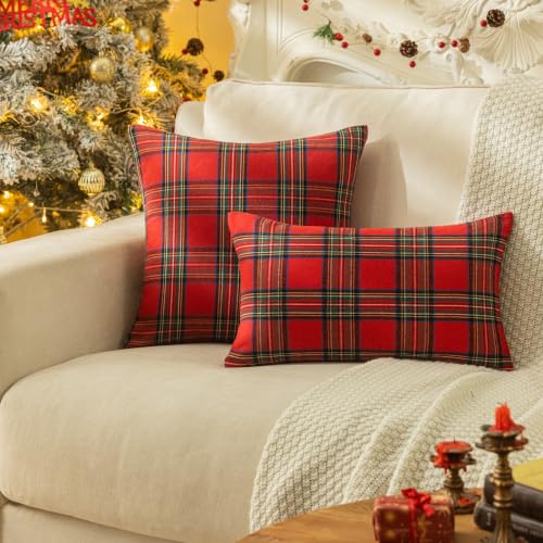 Christmas Plaid Throw Pillow Covers Set of 2 - Red & Green 22x22 Inches