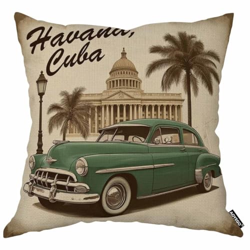 Havana Cuba Throw Pillow Cover - Vintage Car 18x18 Inch Cushion