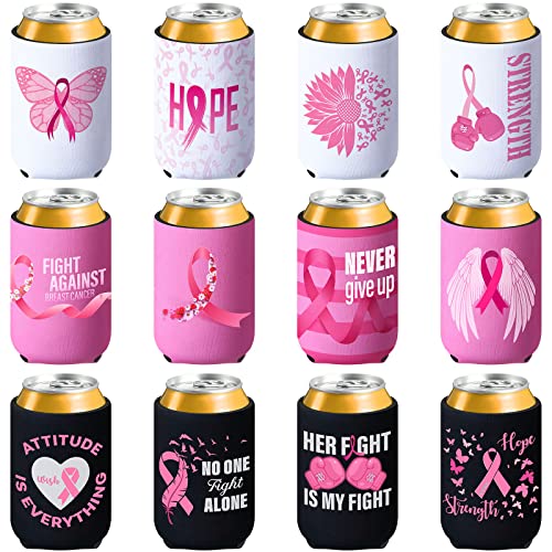 12 Pack Breast Cancer Awareness Can Cooler Sleeves - Pink Ribbon Insulated Drink Holders