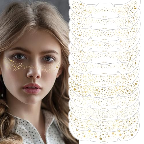 AIBEE Glitter Temporary Tattoos 12pcs Gold Sparkle Face Freckles