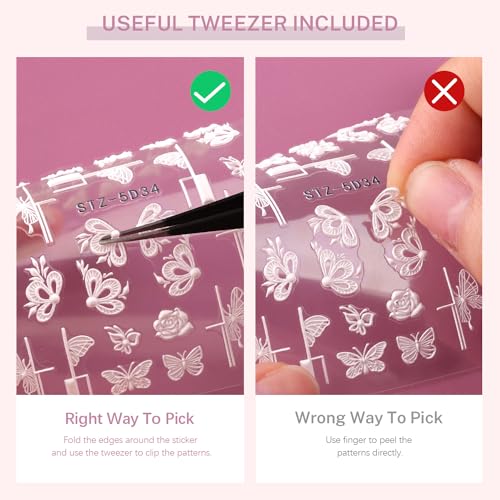 BELLEBOOST 6 Sheets 5D Flower Nail Art Stickers with Tweezer Embossed Floral Decals