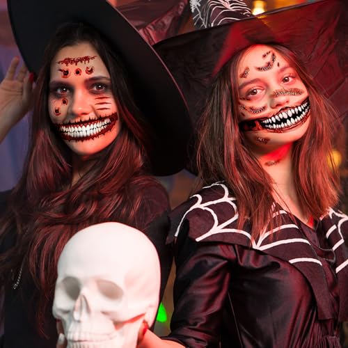 Cerlaza Halloween Temporary Tattoos Scary Big Mouth Clown & Scars Kit