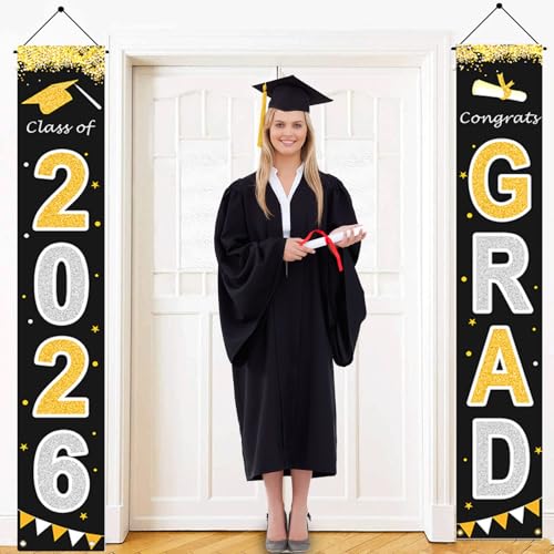 Class of 2026 Graduation Banner - Black & Gold Porch Decor 70" x 11"