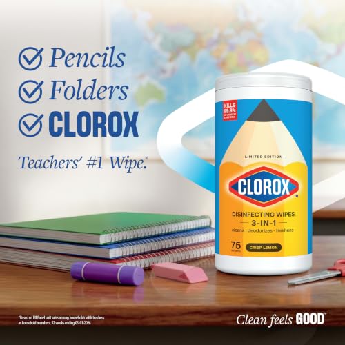 Clorox Disinfecting Wipes Crisp Lemon 75 Count Pack of 2 - Bleach Free, School & Home Use
