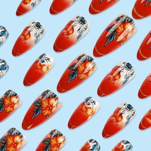 IMSOHOT Medium Almond Press on Nails Red Orange Flower Glossy Acrylic Fake Nails