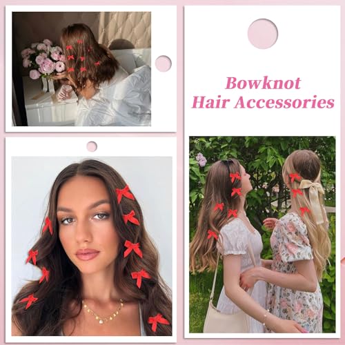 COMNICO 20PCS Mini Bow Hair Clips Satin Metal Barrettes Red