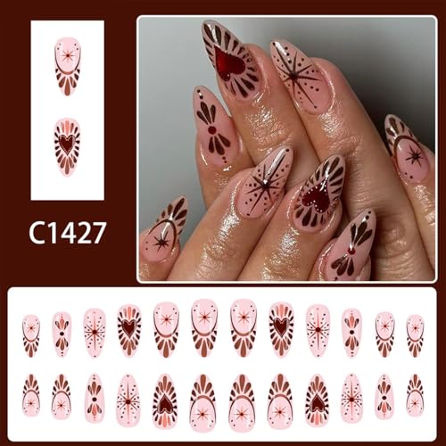Valentine Press on Nails Medium Almond Heart Glossy Acrylic False Nails 24Pcs