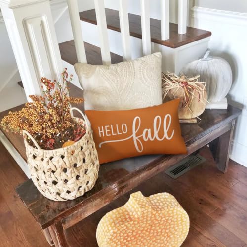 Hello Fall Rust Pillow Cover 12x20 - Waterproof Autumn Decor