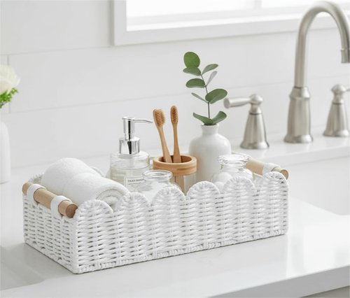 CubesLand Scalloped Edge Toilet Paper Storage Basket - Cozy Home Decor | White with 2 Wooden Handles