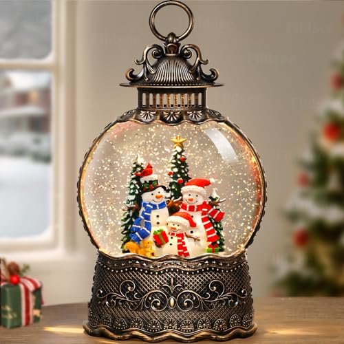 Christmas Snow Globe Lantern with Musical Snowman & Squirrel - Snow Globe Light with Timer & USB/Battery Power - Holiday Indoor Decor - Snowman Family Variation
