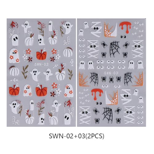 Halloween Nail Art Stickers 3D Self-Adhesive Ghost Pumpkin Decals 2 Sheets