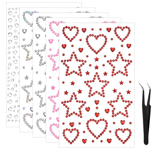 Larrel 5 Pcs Star Face Gems & Rhinestone Stickers with Tweezer