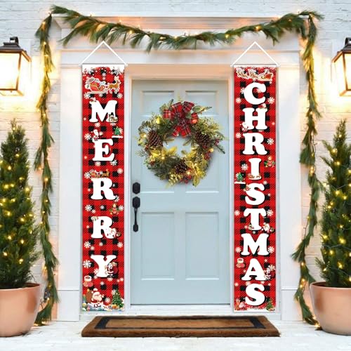 Outdoor Christmas Yard Sign Set with Buffalo Plaid Door Banner - Red