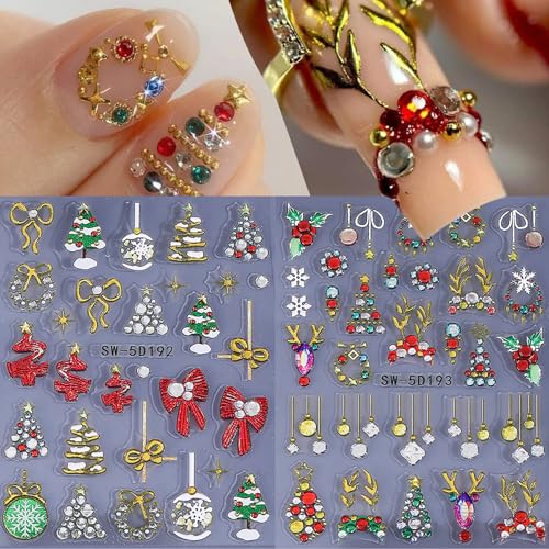 5D Christmas Nail Art Stickers Gold Holiday Tree Decals - 6 Sheets