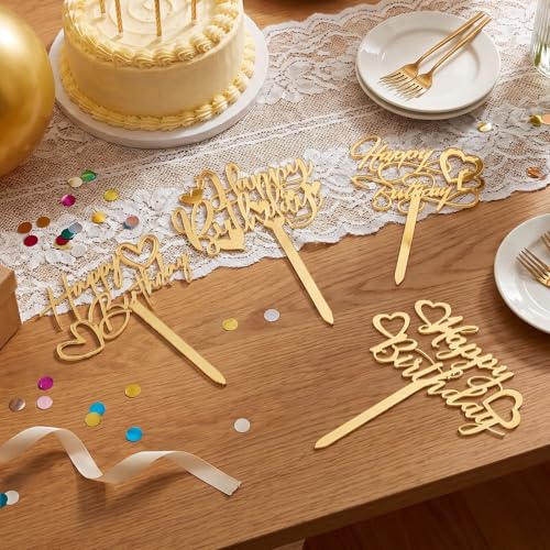 Gold Heart Shaped Birthday Cake Toppers - 4 PCS Acrylic Decor