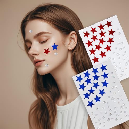 4th of July Rhinestone Star Face Gems Self-Adhesive Stickers with Tweezers