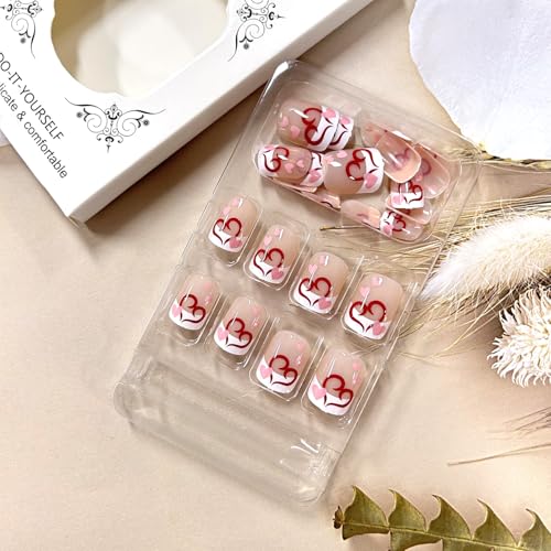 Valentine's Short Square French Press On Nails with Red Heart Glossy Design