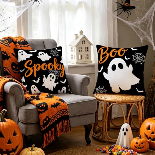 Halloween Pillow Covers Set of 2 | 18x18 Inch Ghost Decor