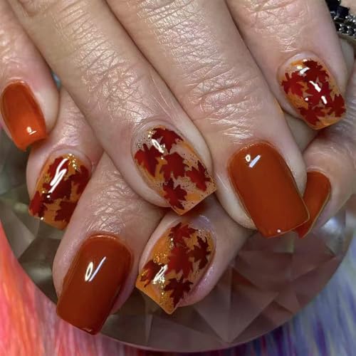 Fall Press on Nails Short Square Maple Leaf Acrylic False Nails 24PCS
