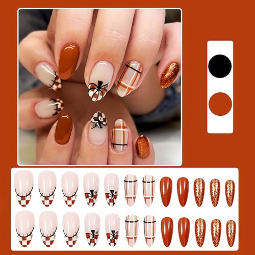 Fall Press On Nails Medium Almond Thanksgiving Pumpkin Plaid Acrylic Fake Nails