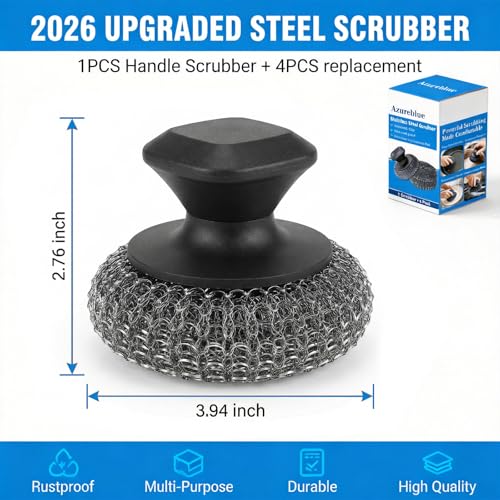 Azureblue 5-Pack Stainless Steel Scrubber with Ergonomic Handle