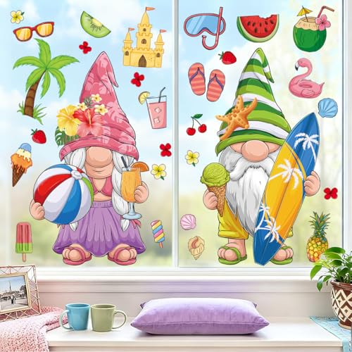 Tropical Gnome Summer Window Clings - Double-Sided PVC Stickers