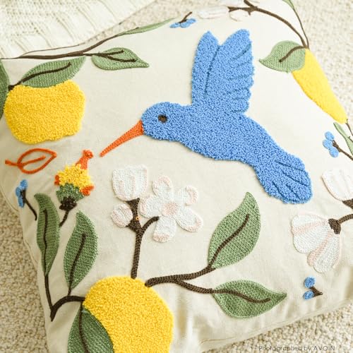 AVOIN colorlife Floral Lemon Hummingbird Embroidered Pillow Cover 18x18